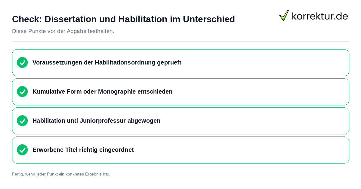 Check: Dissertation und Habilitation im Unterschied Dissertation und Habilitation im Unterschied: Prüfliste mit vier Punkten
