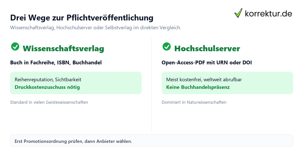 Drei Wege zur Pflichtveröffentlichung Dissertation Verlag: Wissenschaftsverlag, Uni-Server und Selbstverlag im Vergleich