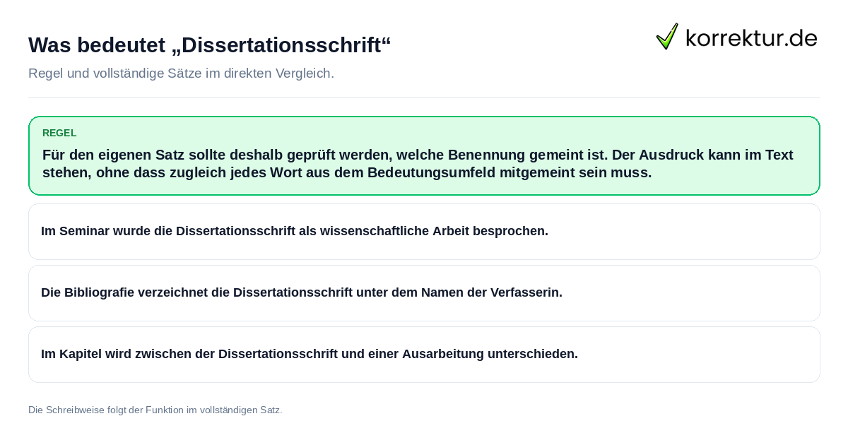 Konkrete Regel und vollständige Beispielsätze zu Was bedeutet „Dissertationsschrift“