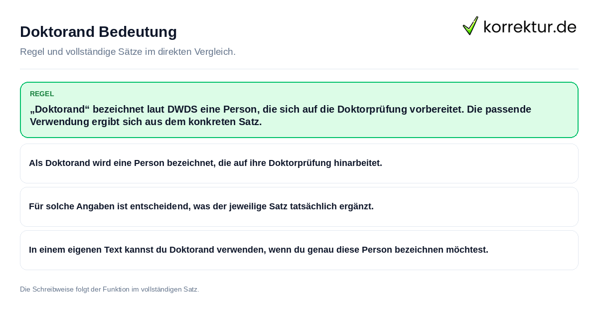 Konkrete Regel und vollständige Beispielsätze zu Doktorand Bedeutung