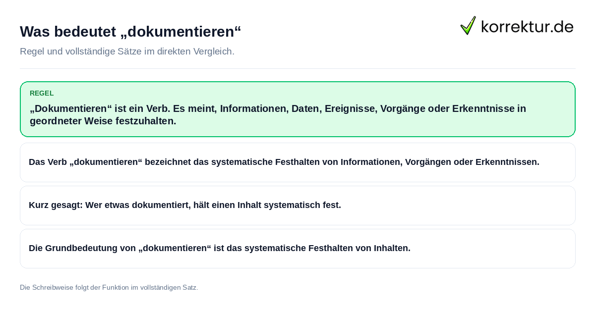 Was bedeutet „dokumentieren“ Konkrete Regel und vollständige Beispielsätze zu Was bedeutet „dokumentieren“