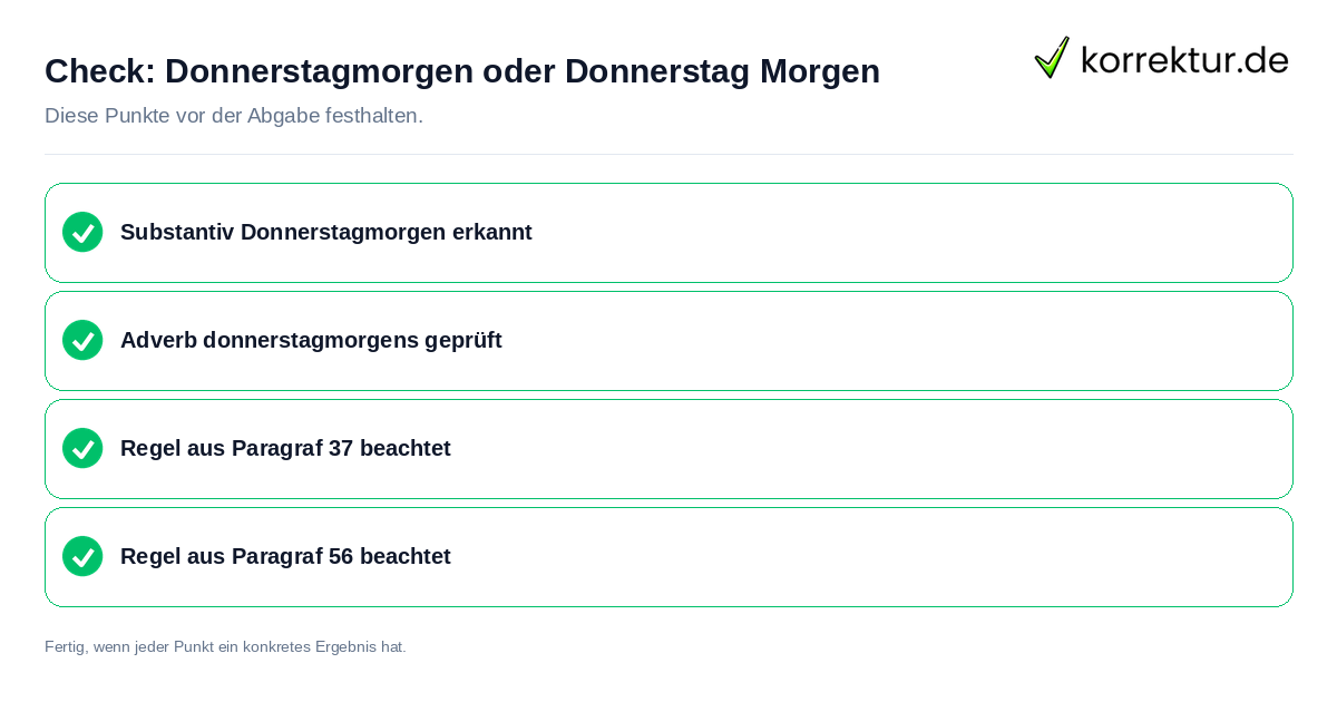 Check: Donnerstagmorgen oder Donnerstag Morgen Donnerstagmorgen oder Donnerstag Morgen: Prüfliste mit vier Punkten