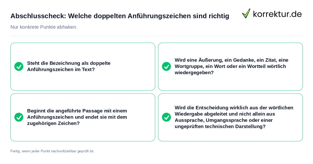 Konkreter Abschlusscheck zu Welche doppelten Anführungszeichen sind richtig