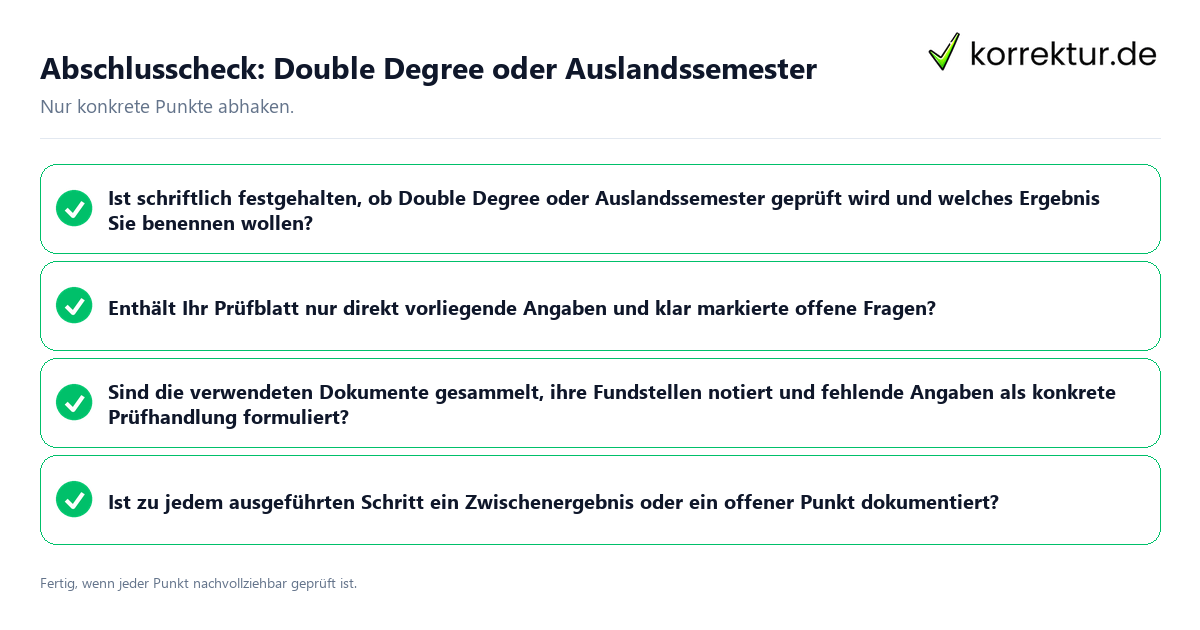 Konkreter Abschlusscheck zu Double Degree oder Auslandssemester