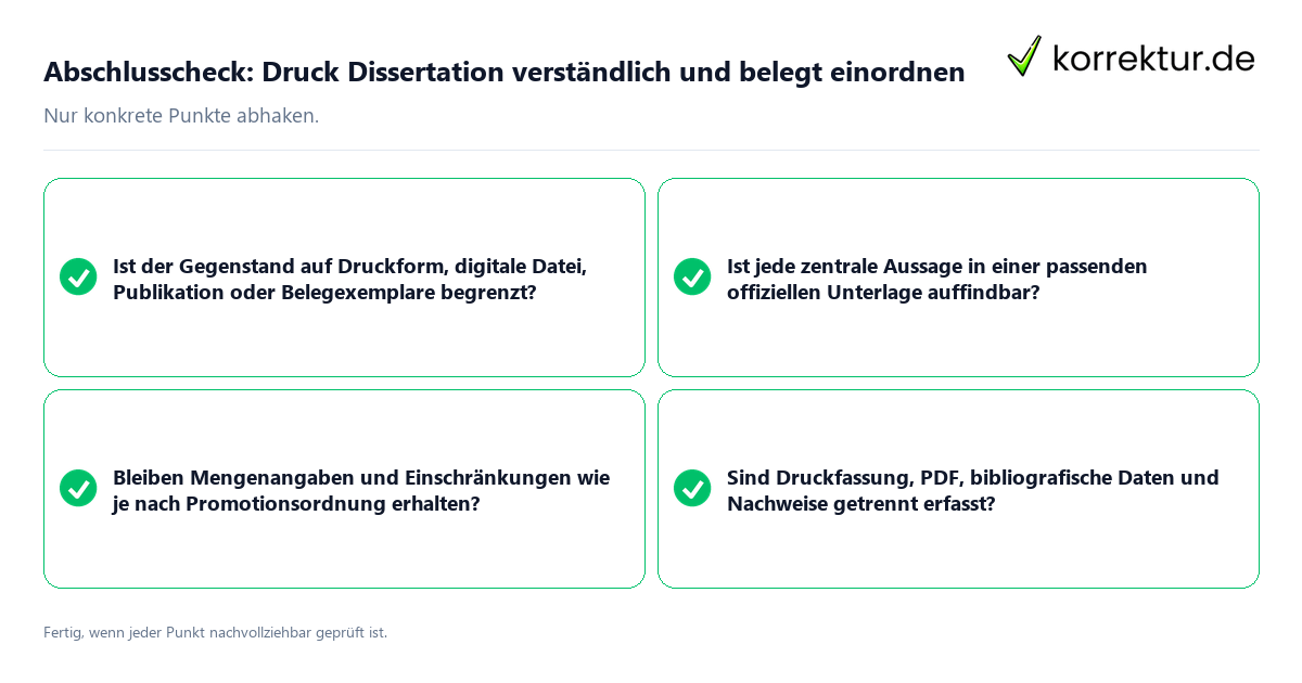 Konkreter Abschlusscheck zu Druck Dissertation verständlich und belegt einordnen