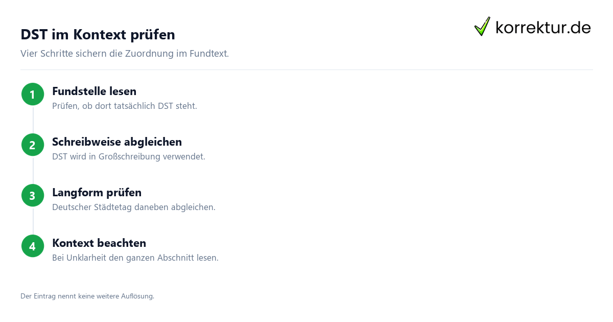 DST im Kontext prüfen Was bedeutet Dst als Abkürzung: DST im Satzkontext prüfen
