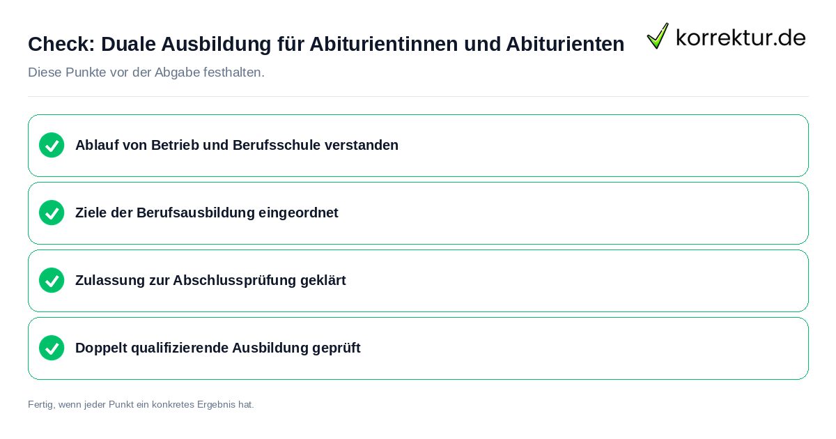 Check: Duale Ausbildung für Abiturientinnen und Abiturienten Duale Ausbildung für Abiturientinnen und Abiturienten: Prüfliste mit vier Punkten