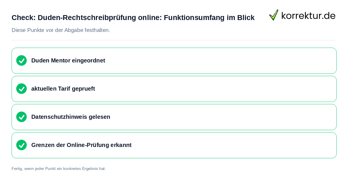 Duden-Rechtschreibprüfung online: Funktionsumfang im Blick: Prüfliste mit vier Punkten