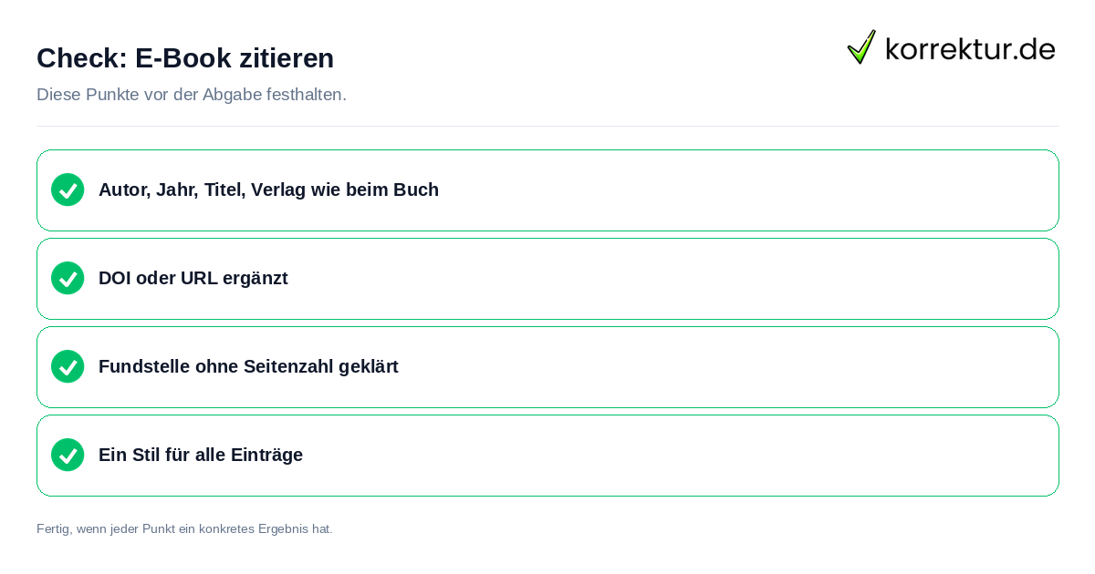 E-Book zitieren: Prüfliste mit vier Punkten