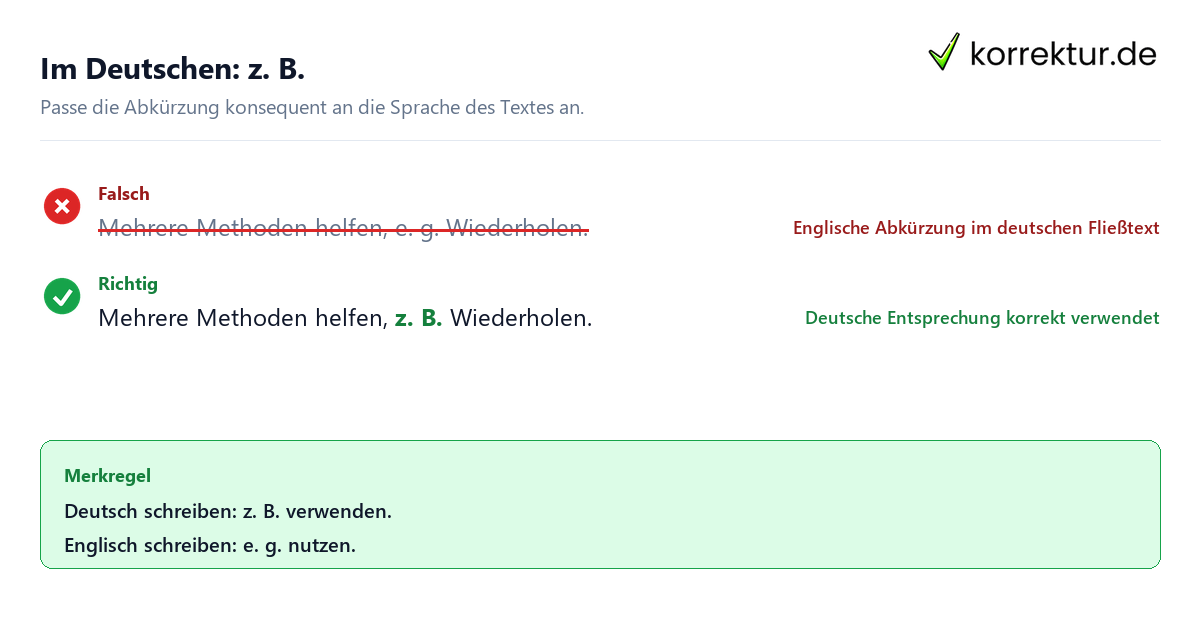 e. g. Bedeutung richtig verwenden im deutschen Text
