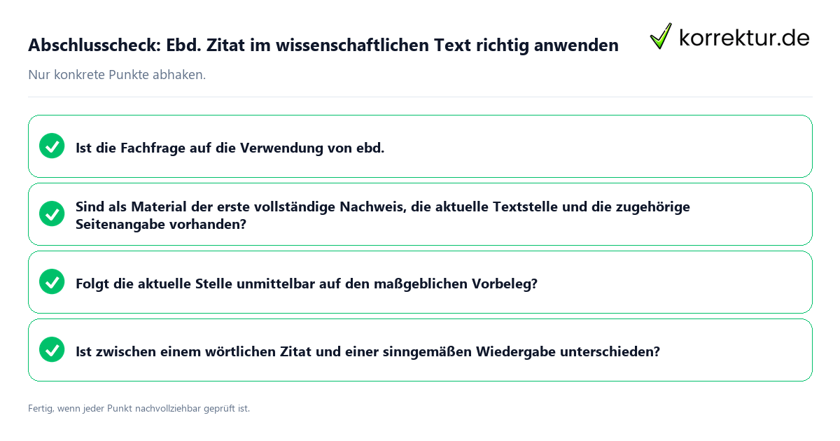 Konkreter Abschlusscheck zu Ebd. Zitat im wissenschaftlichen Text richtig anwenden