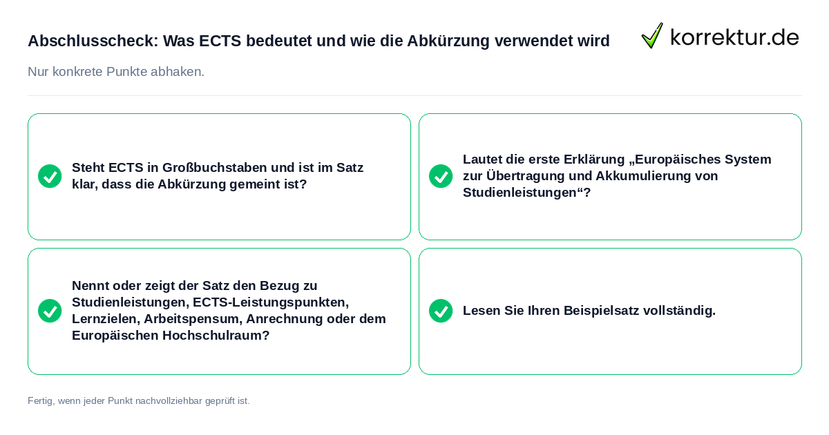 Konkreter Abschlusscheck zu Was ECTS bedeutet und wie die Abkürzung verwendet wird