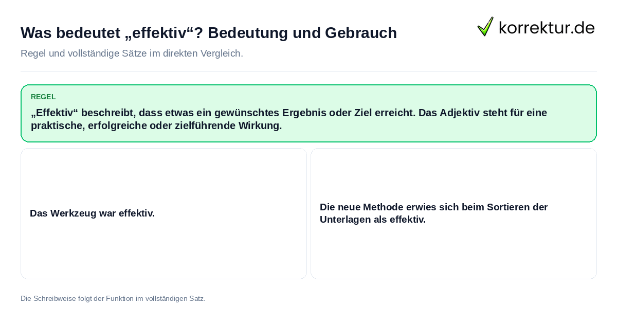 Was bedeutet „effektiv“? Bedeutung und Gebrauch Konkrete Regel und vollständige Beispielsätze zu Was bedeutet „effektiv“? Bedeutung und Gebrauch