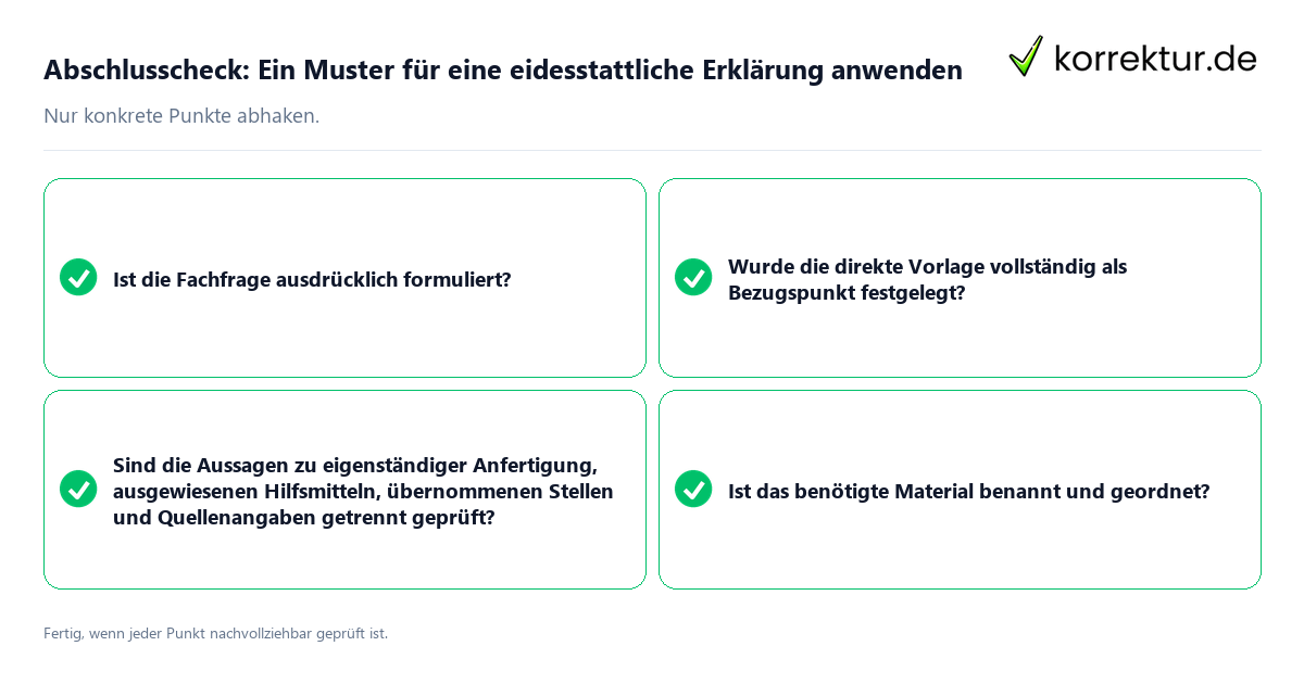 Konkreter Abschlusscheck zu Ein Muster für eine eidesstattliche Erklärung anwenden