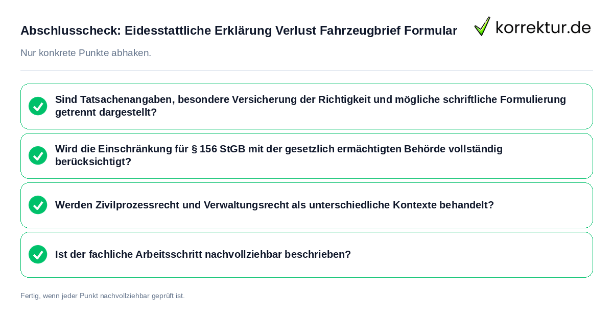 Konkreter Abschlusscheck zu Eidesstattliche Erklärung Verlust Fahrzeugbrief Formular