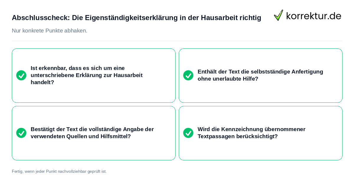 Konkreter Abschlusscheck zu Die Eigenständigkeitserklärung in der Hausarbeit richtig