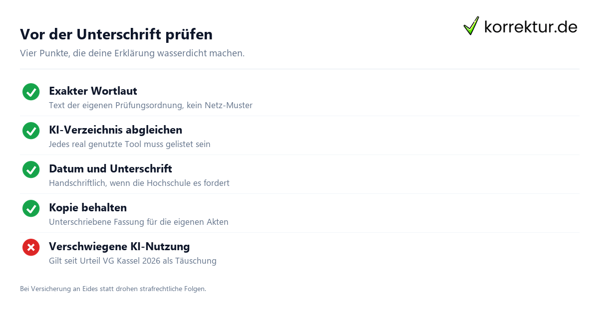 Eigenständigkeitserklärung mit KI-Passus: alte und neue Formulierung im Vergleich