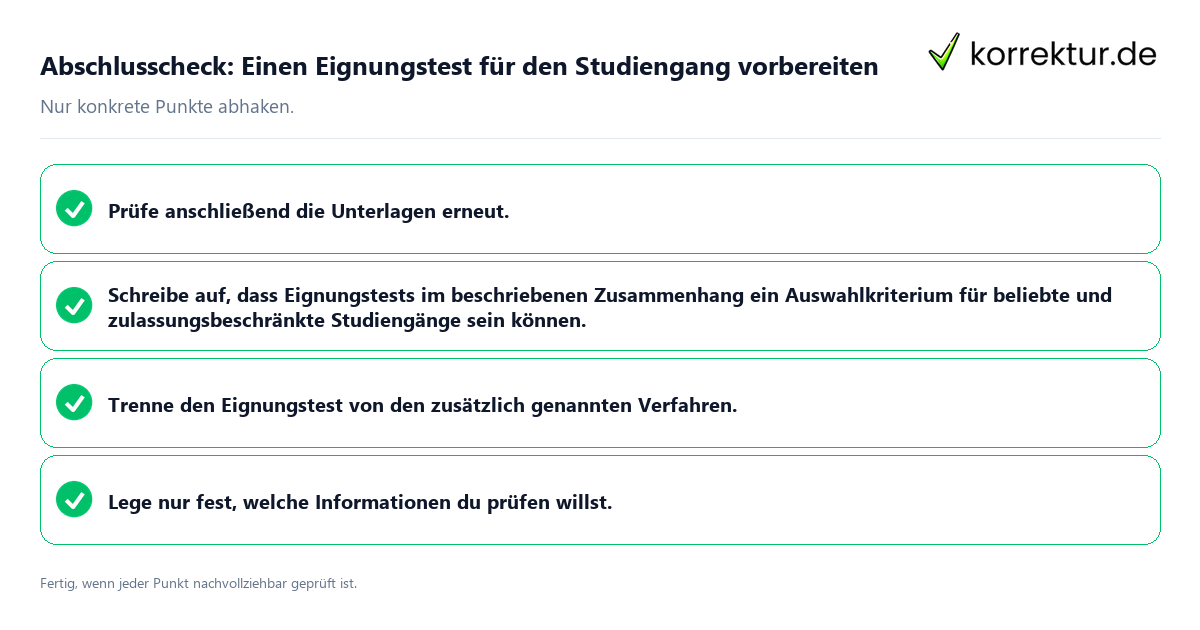 Konkreter Abschlusscheck zu Einen Eignungstest für den Studiengang vorbereiten