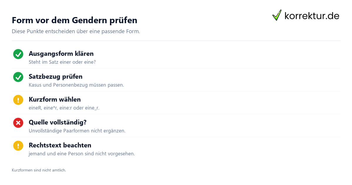 Form vor dem Gendern prüfen Einer richtig gendern: Welche Form passt? Checkliste