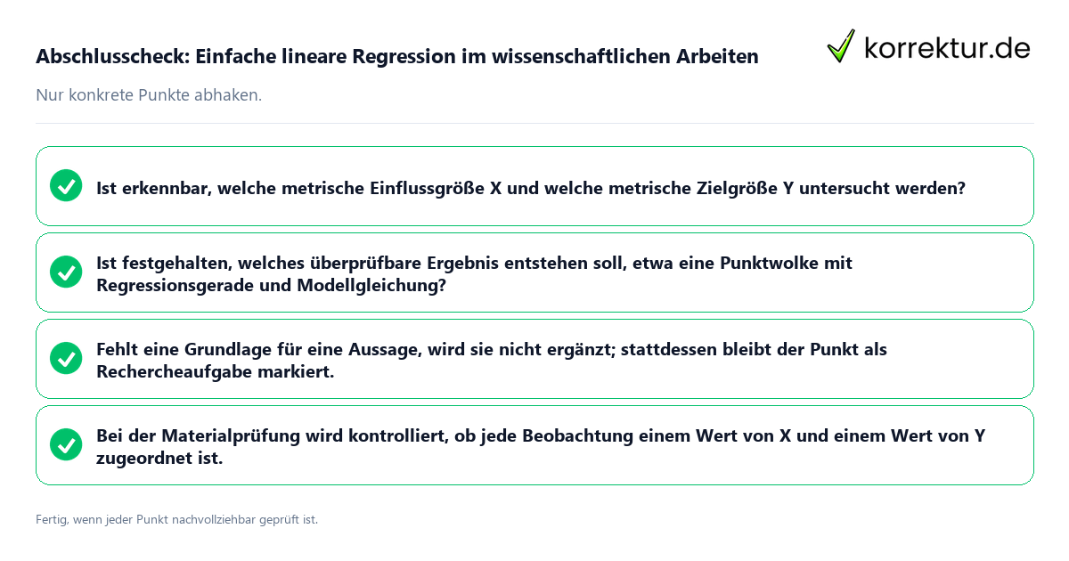 Konkreter Abschlusscheck zu Einfache lineare Regression im wissenschaftlichen Arbeiten