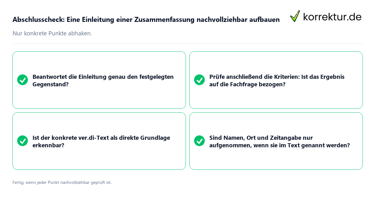 Konkreter Abschlusscheck zu Eine Einleitung einer Zusammenfassung nachvollziehbar aufbauen