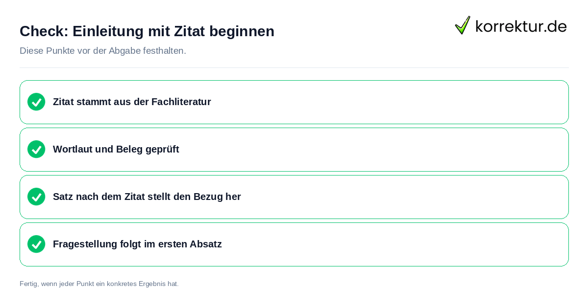 Check: Einleitung mit Zitat beginnen Einleitung mit Zitat beginnen: Prüfliste mit vier Punkten