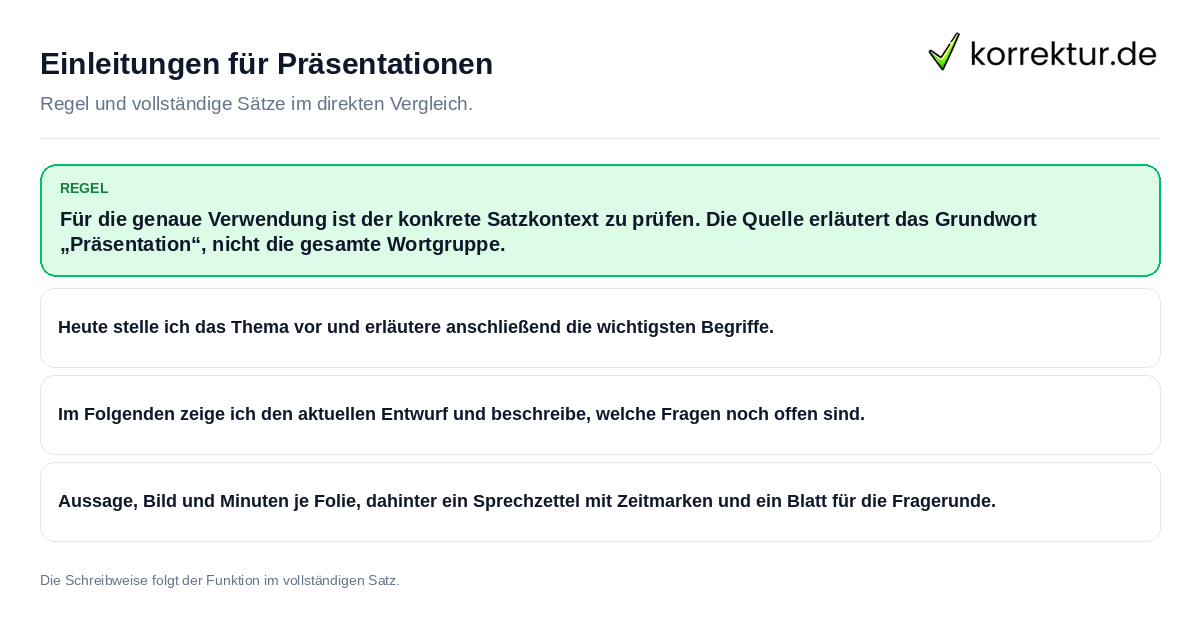 Einleitungen für Präsentationen Konkrete Regel und vollständige Beispielsätze zu Einleitungen für Präsentationen