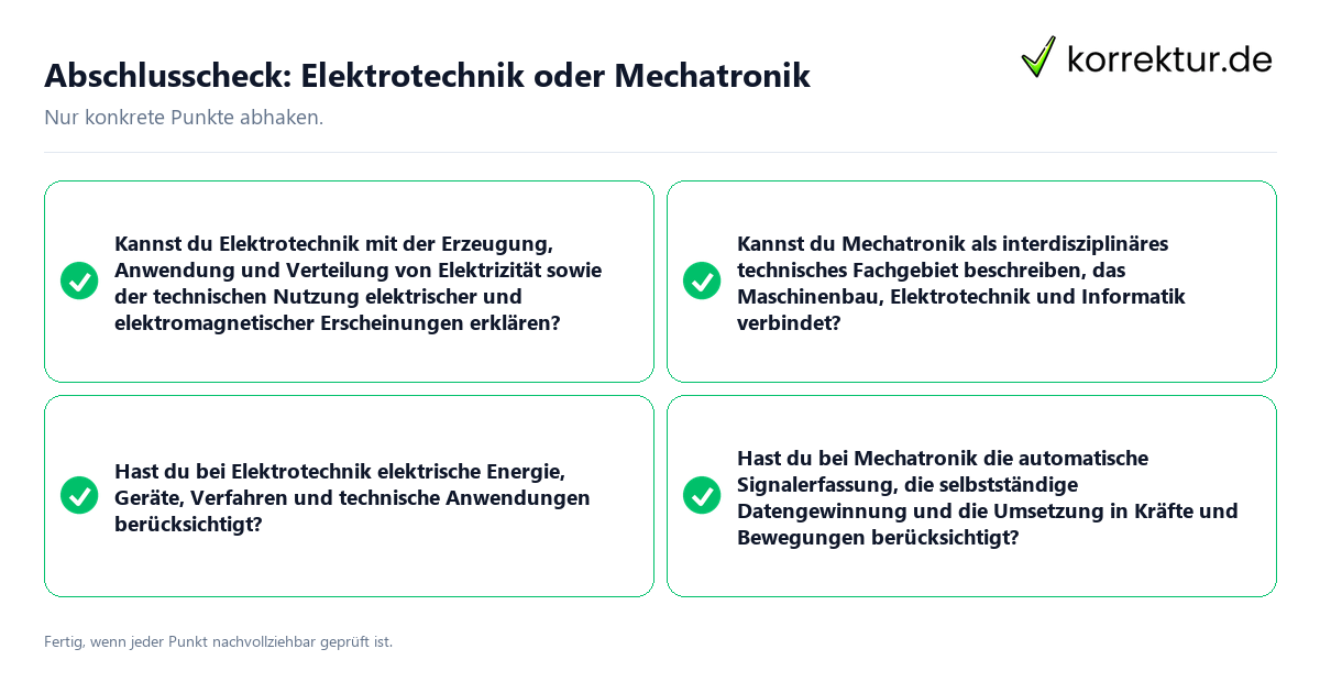 Konkreter Abschlusscheck zu Elektrotechnik oder Mechatronik