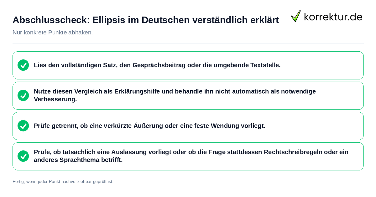 Konkreter Abschlusscheck zu Ellipsis im Deutschen verständlich erklärt
