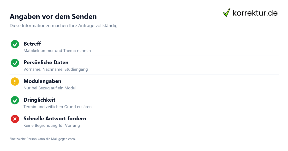 Eine E-Mail an das Prüfungsamt klar formulieren, Angaben prüfen