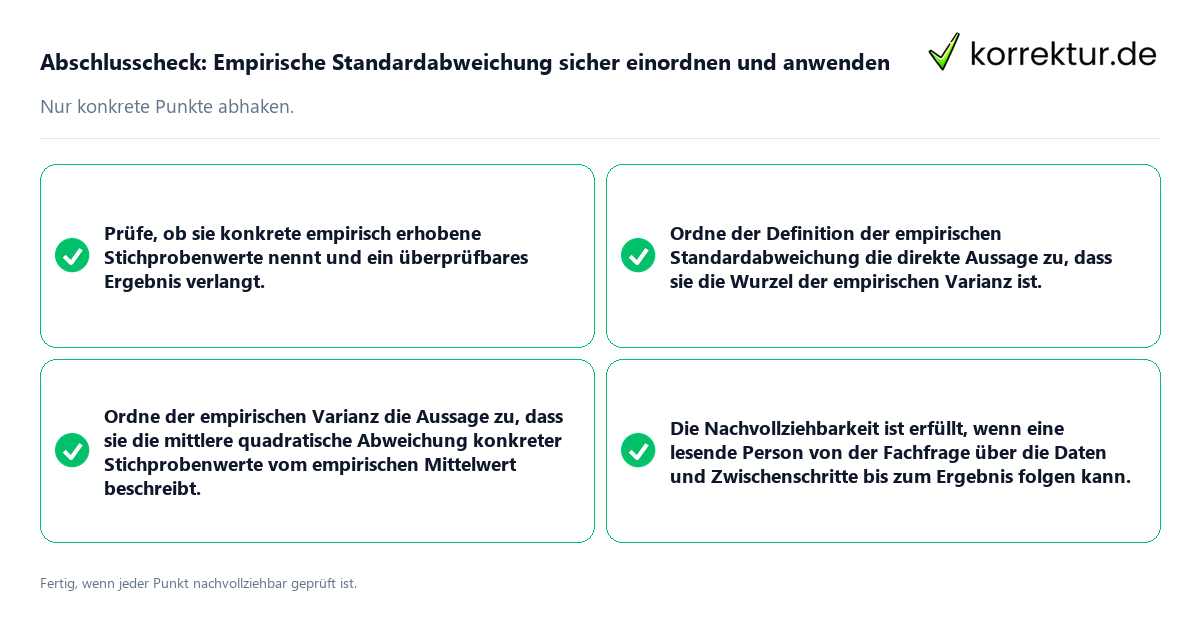 Abschlusscheck: Empirische Standardabweichung sicher einordnen und anwenden Konkreter Abschlusscheck zu Empirische Standardabweichung sicher einordnen und anwenden