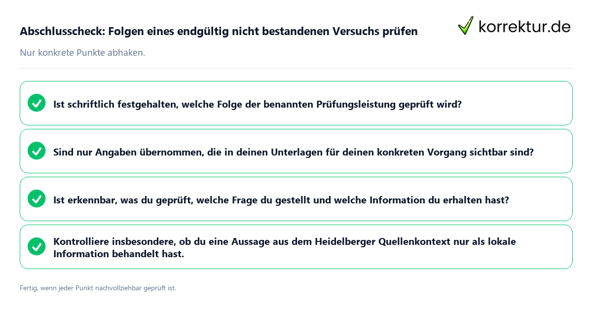 Abschlusscheck: Folgen eines endgültig nicht bestandenen Versuchs prüfen Konkreter Abschlusscheck zu Folgen eines endgültig nicht bestandenen Versuchs prüfen