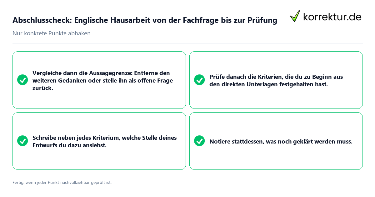 Konkreter Abschlusscheck zu Englische Hausarbeit von der Fachfrage bis zur Prüfung