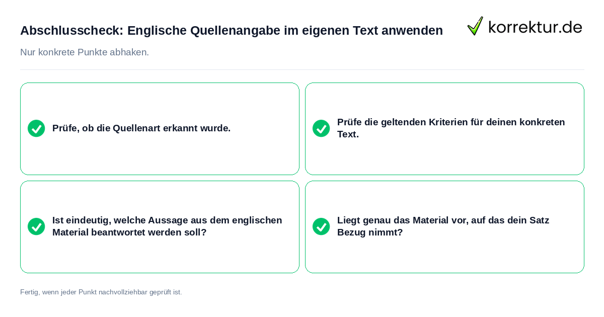 Konkreter Abschlusscheck zu Englische Quellenangabe im eigenen Text anwenden