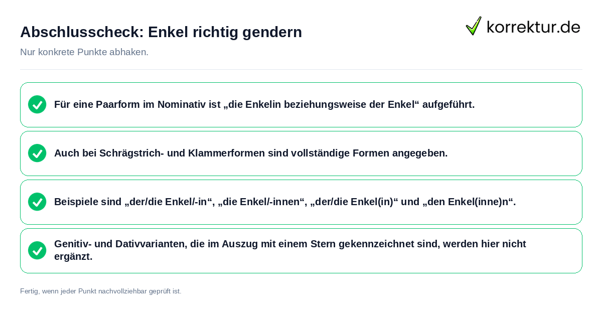 Konkreter Abschlusscheck zu Enkel richtig gendern
