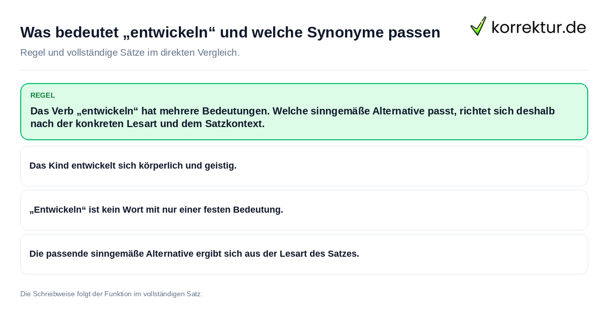 Konkrete Regel und vollständige Beispielsätze zu Was bedeutet „entwickeln“ und welche Synonyme