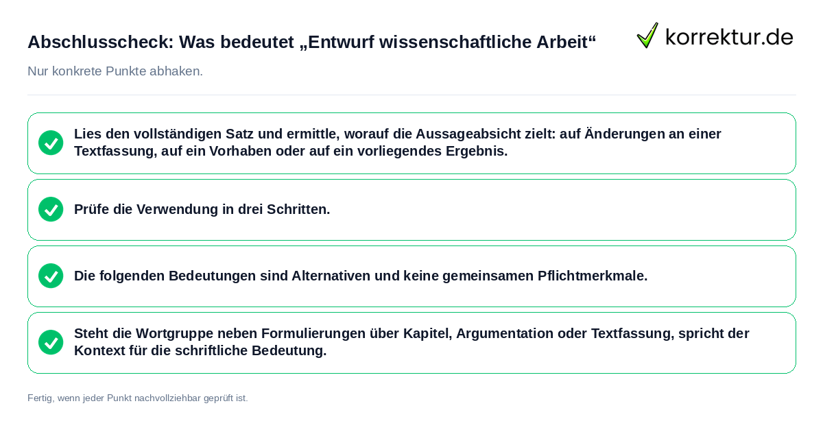 Konkreter Abschlusscheck zu Was bedeutet „Entwurf wissenschaftliche Arbeit“