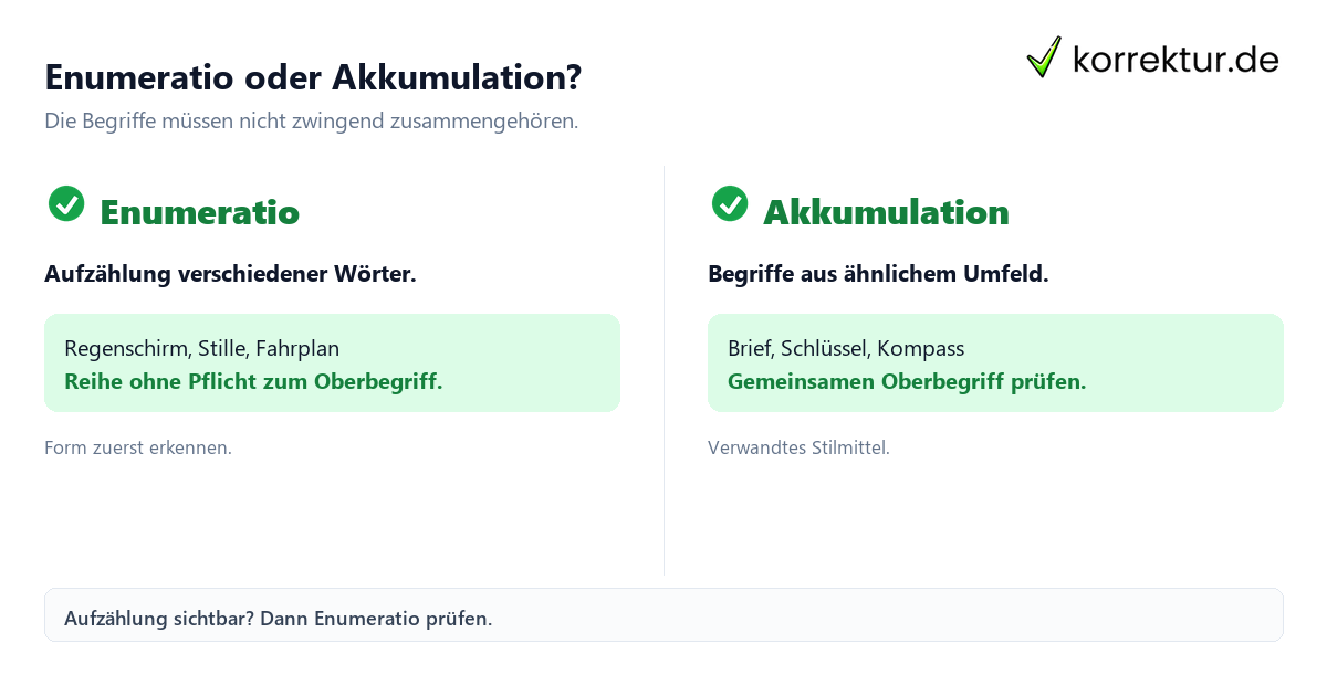 Enumeratio einfach erklärt mit Satzanalyse und Beispielen: Abgrenzung zur Akkumulation
