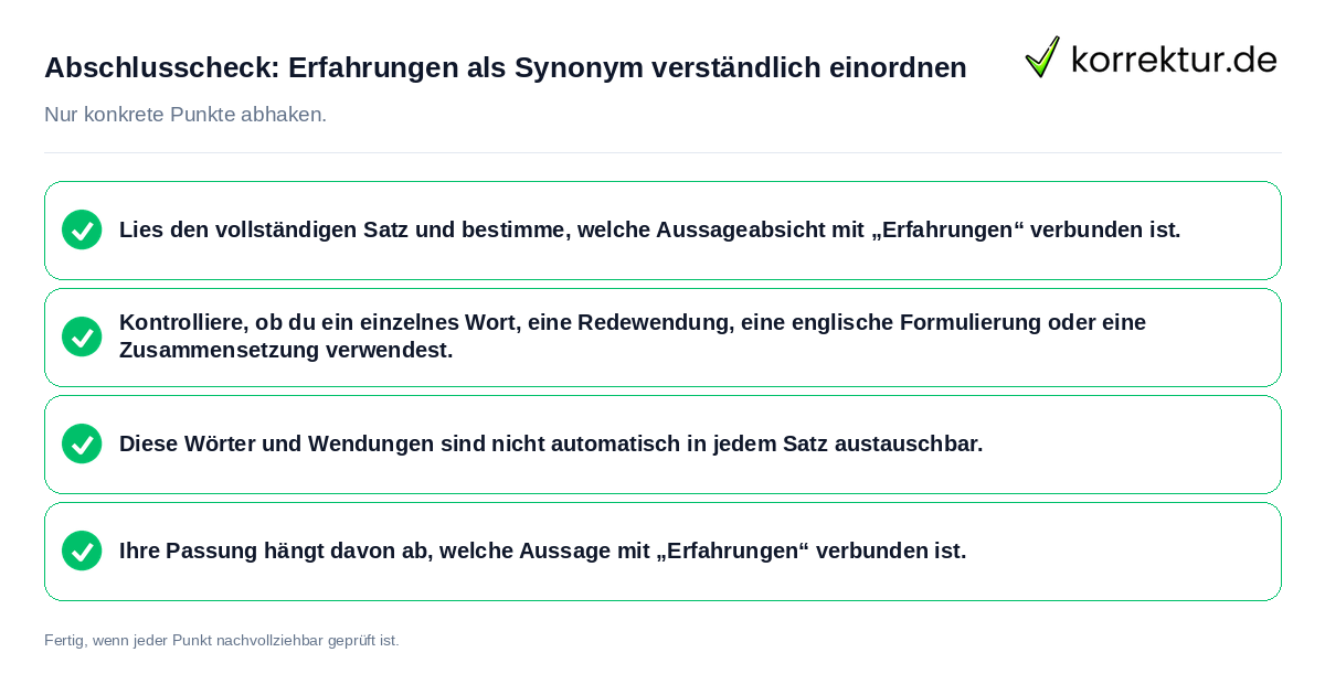 Konkreter Abschlusscheck zu Erfahrungen als Synonym verständlich einordnen