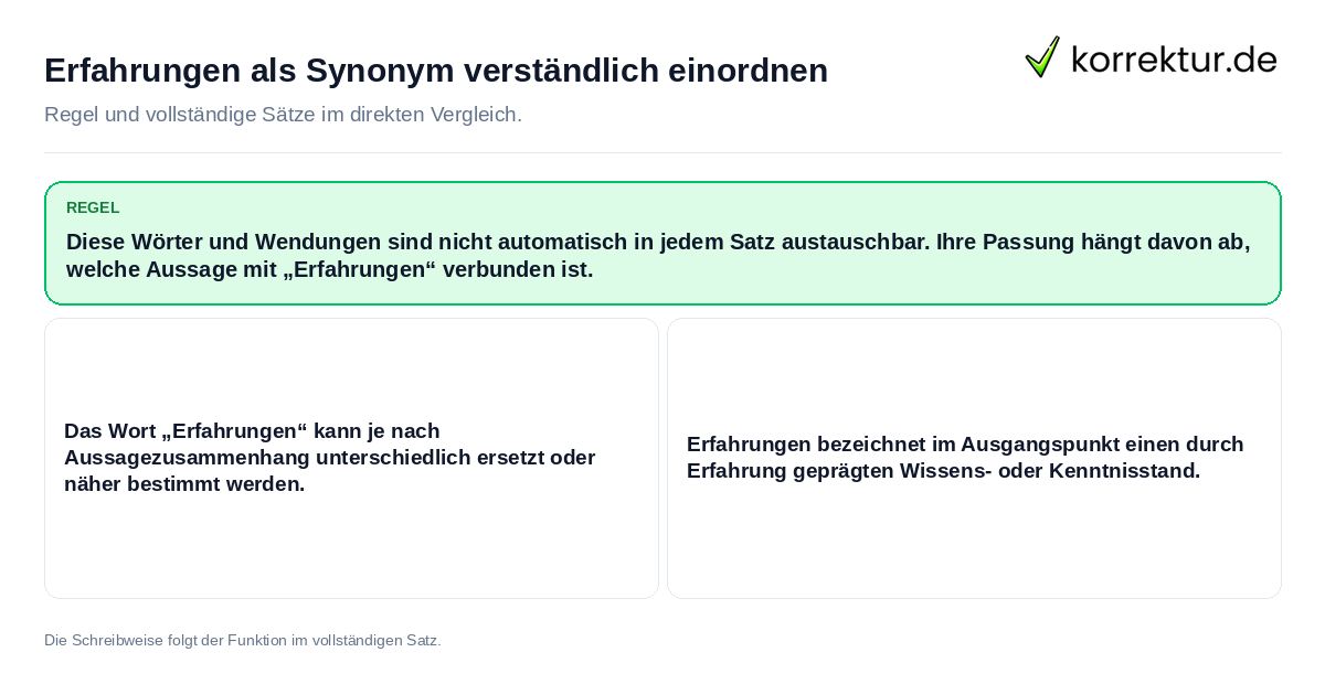 Konkrete Regel und vollständige Beispielsätze zu Erfahrungen als Synonym verständlich einordnen