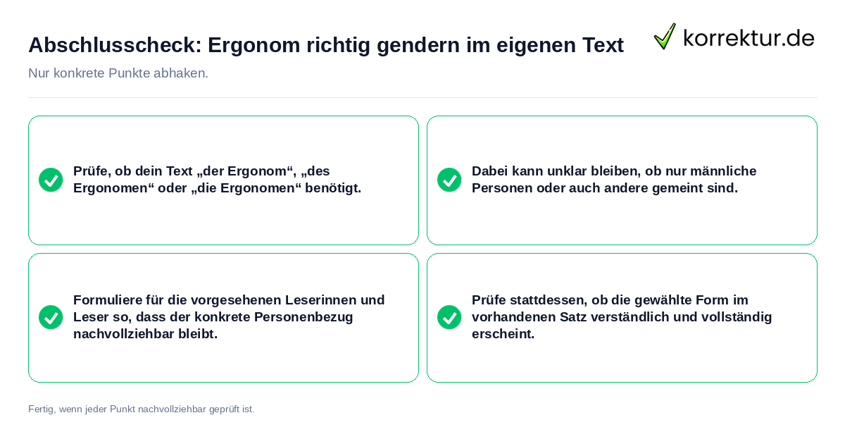 Konkreter Abschlusscheck zu Ergonom richtig gendern im eigenen Text