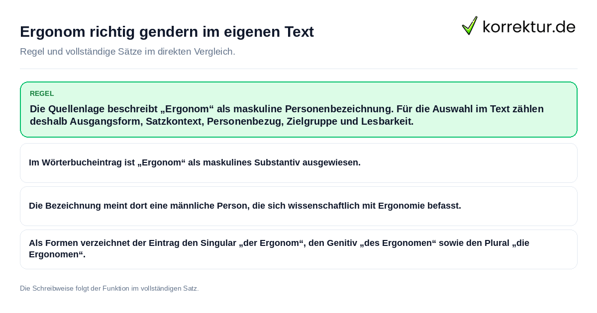 Konkrete Regel und vollständige Beispielsätze zu Ergonom richtig gendern im eigenen Text