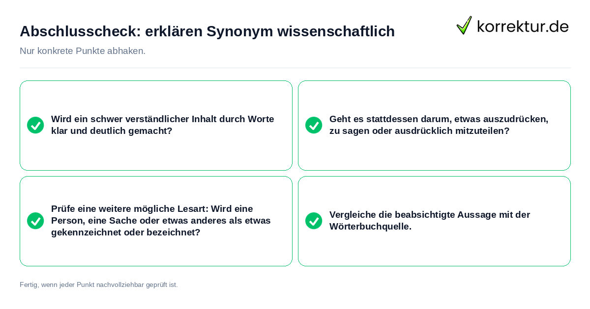 Konkreter Abschlusscheck zu erklären Synonym wissenschaftlich