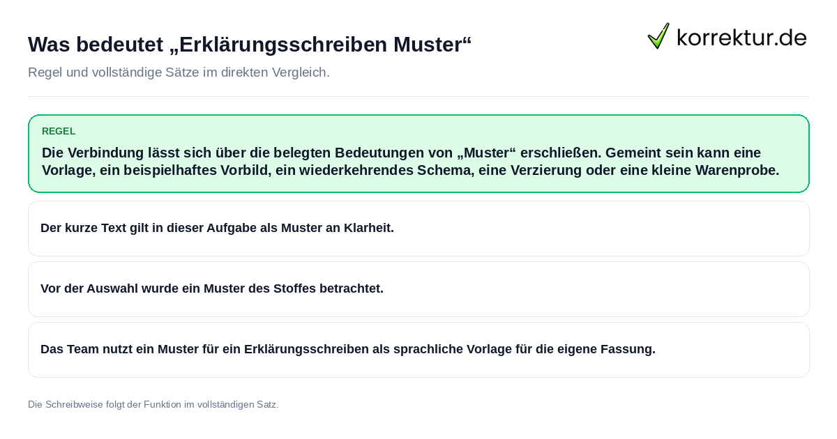 Was bedeutet „Erklärungsschreiben Muster“ Konkrete Regel und vollständige Beispielsätze zu Was bedeutet „Erklärungsschreiben Muster“