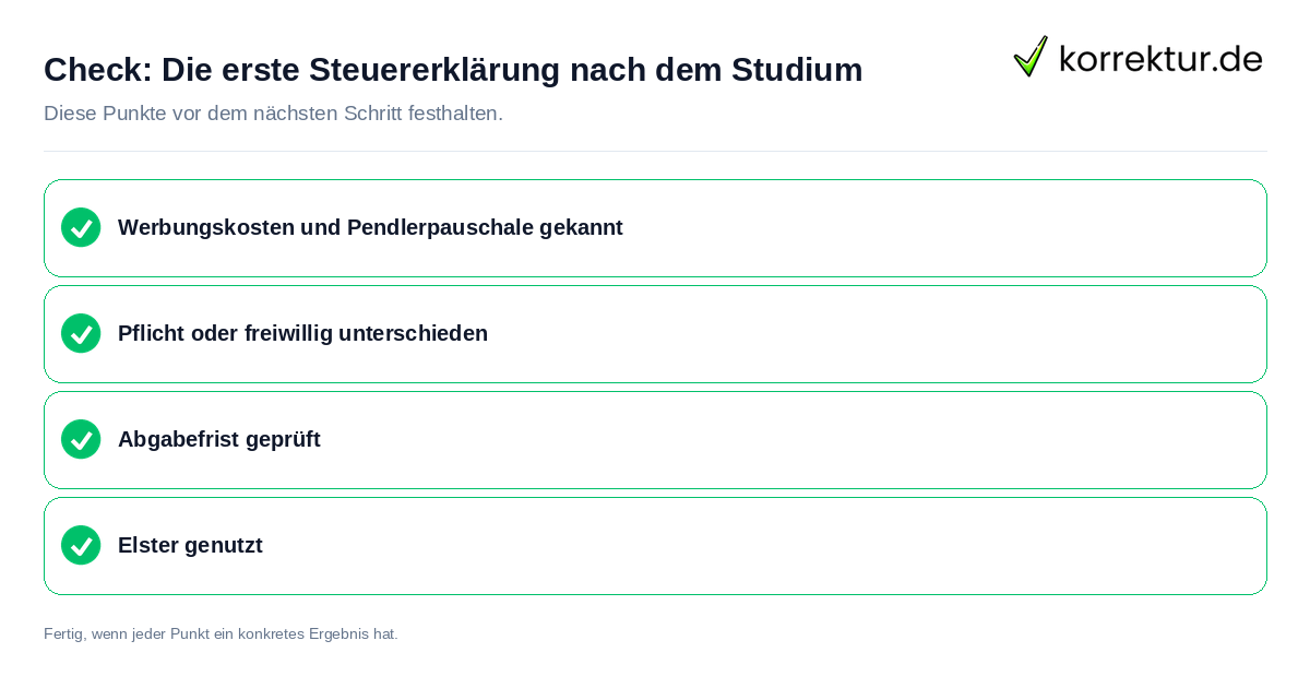 Check: Die erste Steuererklärung nach dem Studium Die erste Steuererklärung nach dem Studium: Prüfliste mit vier Punkten