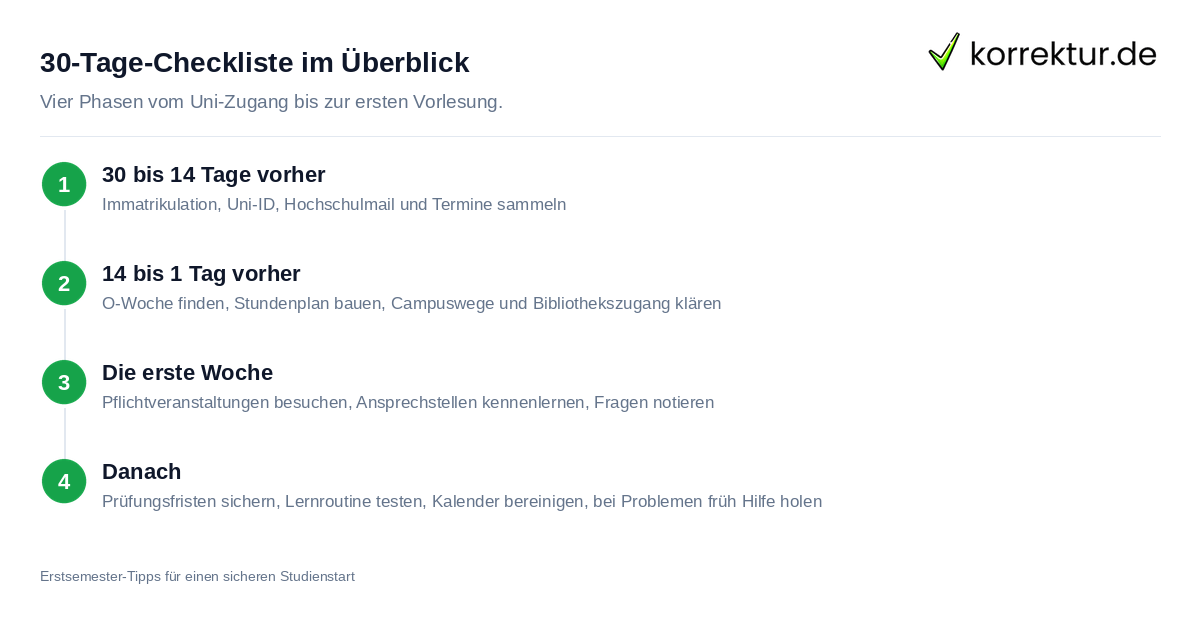 30-Tage-Checkliste im Überblick Erstsemester-Tipps für einen sicheren Studienstart: die vier Phasen der Checkliste
