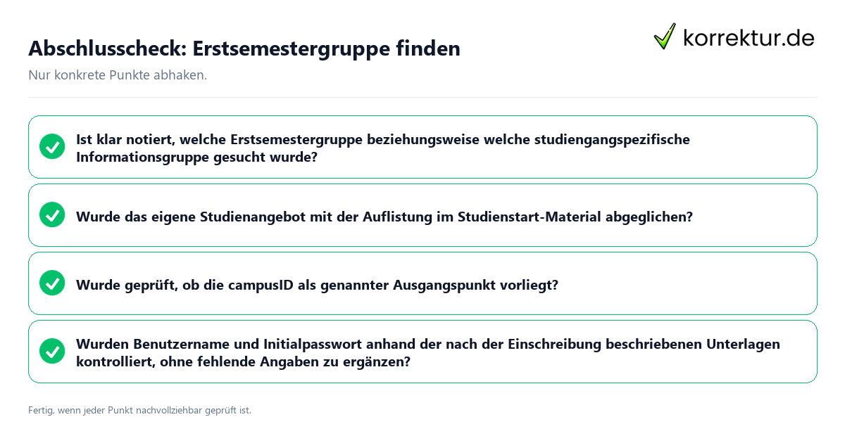 Abschlusscheck: Erstsemestergruppe finden Konkreter Abschlusscheck zu Erstsemestergruppe finden