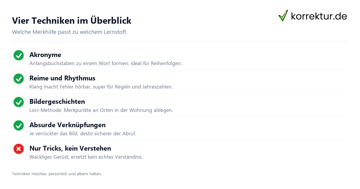 Vier Techniken im Überblick Eselsbrücken Techniken im Vergleich