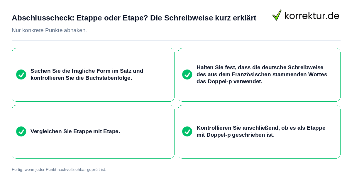 Abschlusscheck: Etappe oder Etape? Die Schreibweise kurz erklärt Konkreter Abschlusscheck zu Etappe oder Etape? Die Schreibweise kurz erklärt