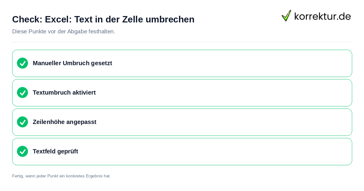Excel: Text in der Zelle umbrechen: Prüfliste mit vier Punkten